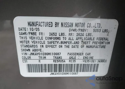 2006 Infiniti M35 Sport из США, поврежденный, VIN JNKAY01E86M110687